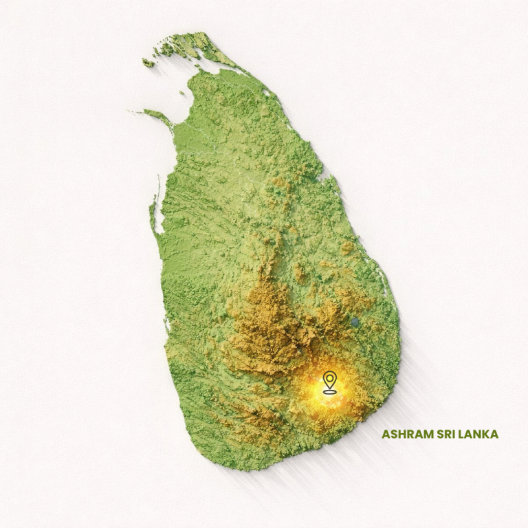 Relief map of Sri Lanka with the location of Ashram Sri Lanka marked