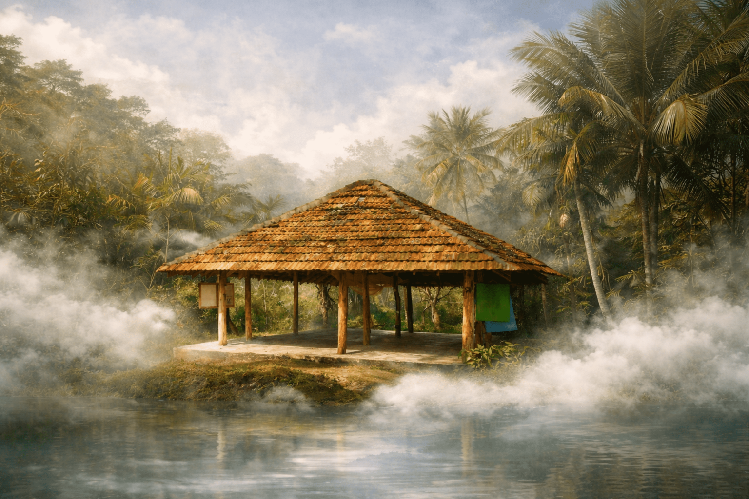 A tiled-roof open pavilion in the Sri Lankan jungle, wrapped in morning mist