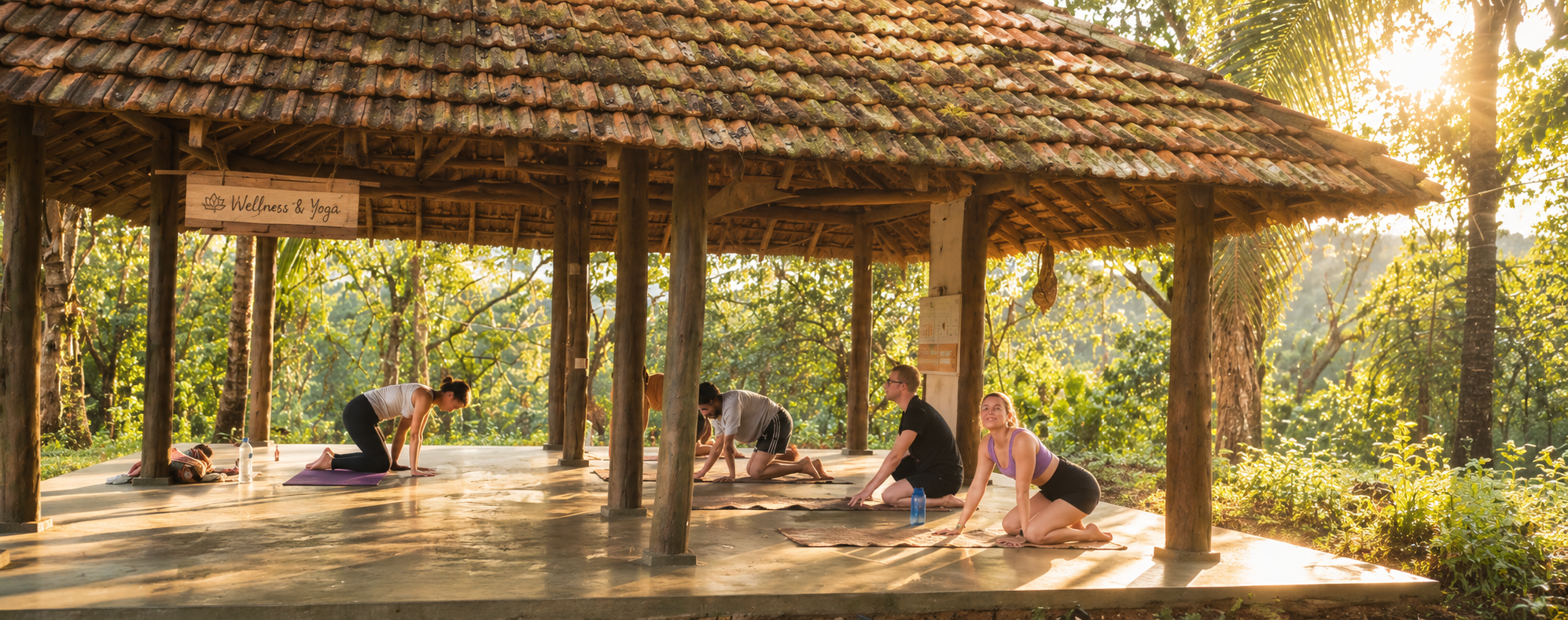 Watercolour of guests practising yoga in the open-air yoga shala