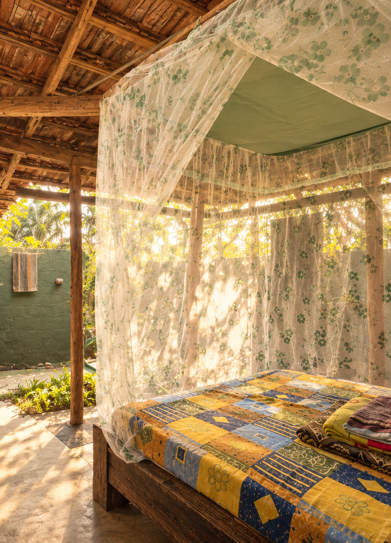 Watercolour of a simple room with a mosquito-net bed and attached bathroom