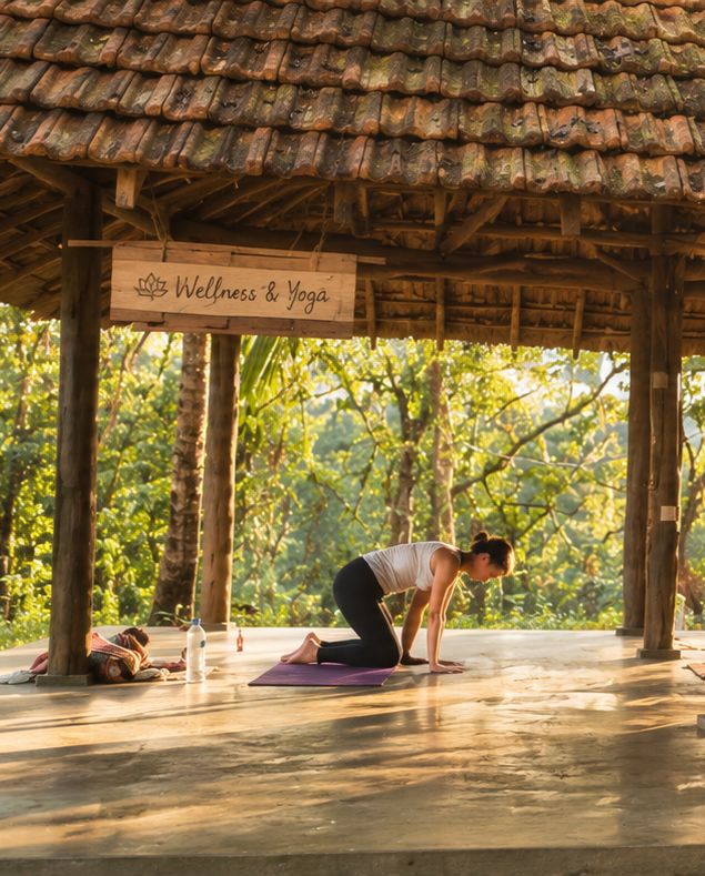 Watercolour of guests practising yoga in the open-air yoga shala